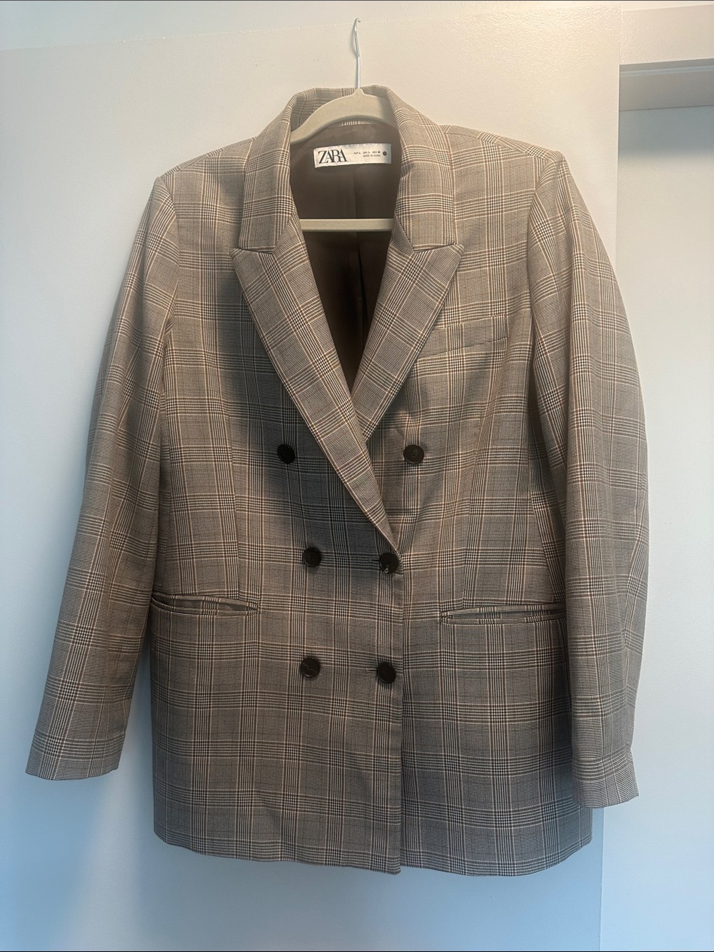 Zara Plaid Double-Breasted Blazer - Beige